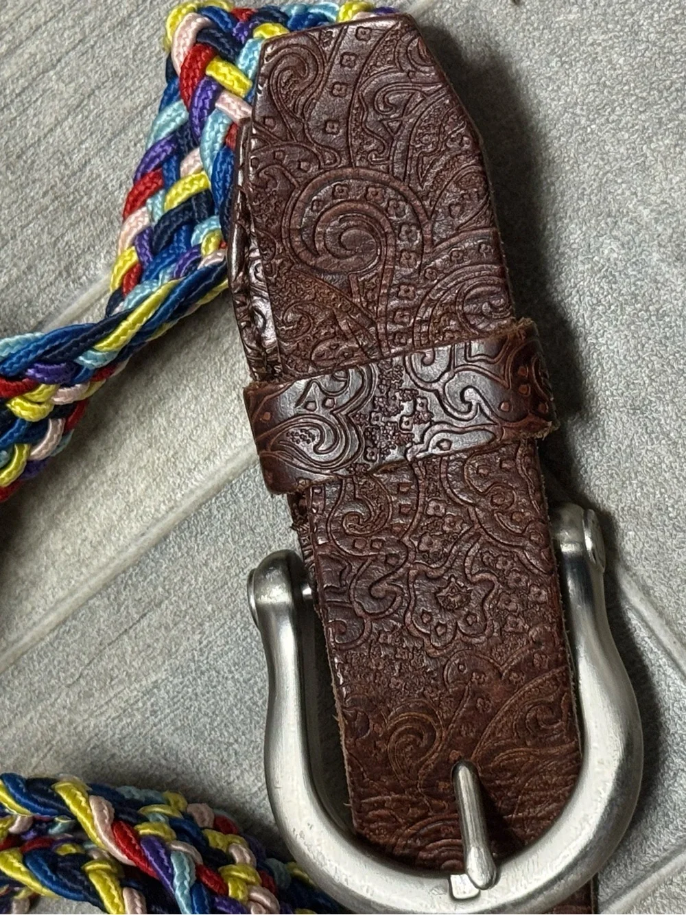 Braided Multicolor Rope & Embossed Brown Genuine Leather Men’s Belt Size 45–55